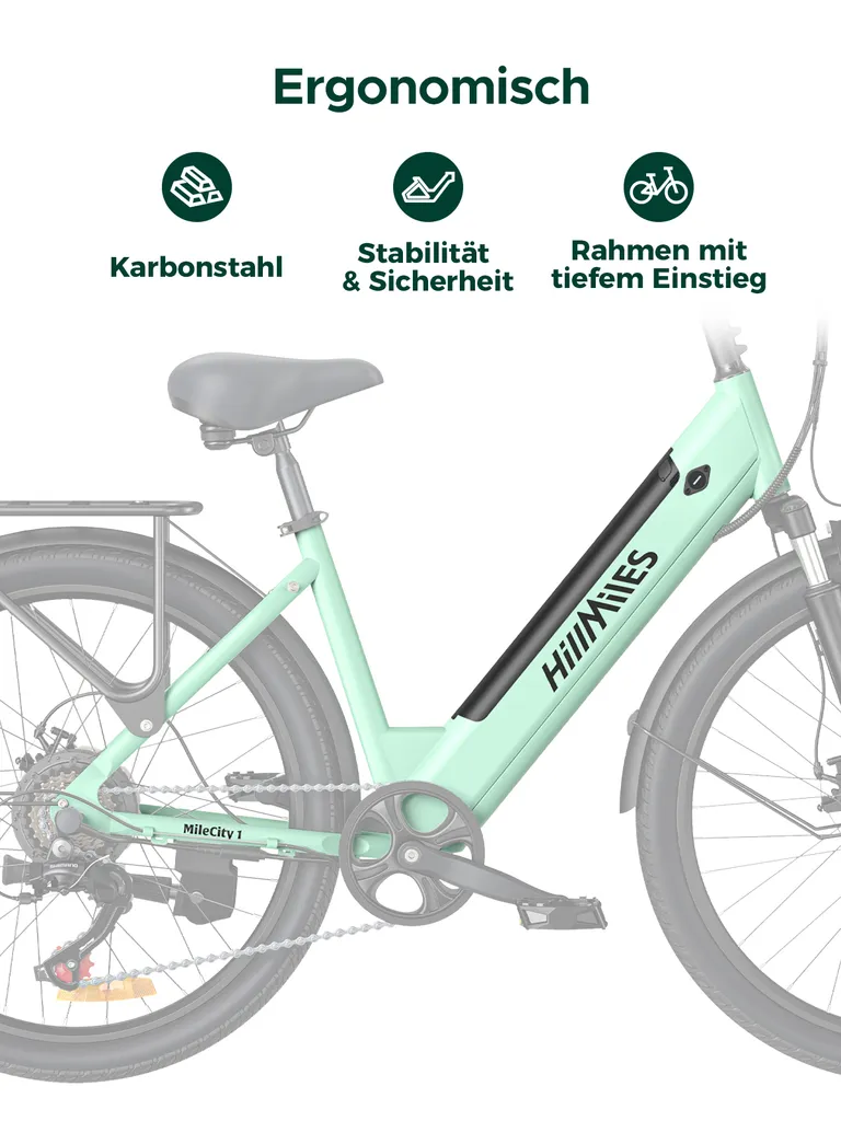 HillMiles E Bike, City E-Bike & E-Hollandrad mit 36V 13Ah Akku bis zu 80-100km, SHIMANO 7-Gang, 250W Motor&25km/h, MileCity1 – Bild 6